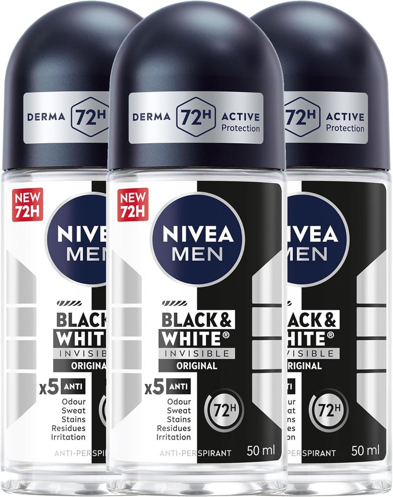 Nivea مزيل العرق رول أون نيفيا للرجال بلاك آند وايت غير مرئي، أصلي، حماية نشطة لمدة 72 ساعة، 5 في 1، 3x50 مل - Image 1